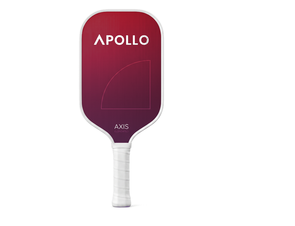 Angled view of the Apollo Axis Elongated pickleball paddle showcasing a red, pink, and purple gradient face with a white wrapped handle and a protective white edge guard.