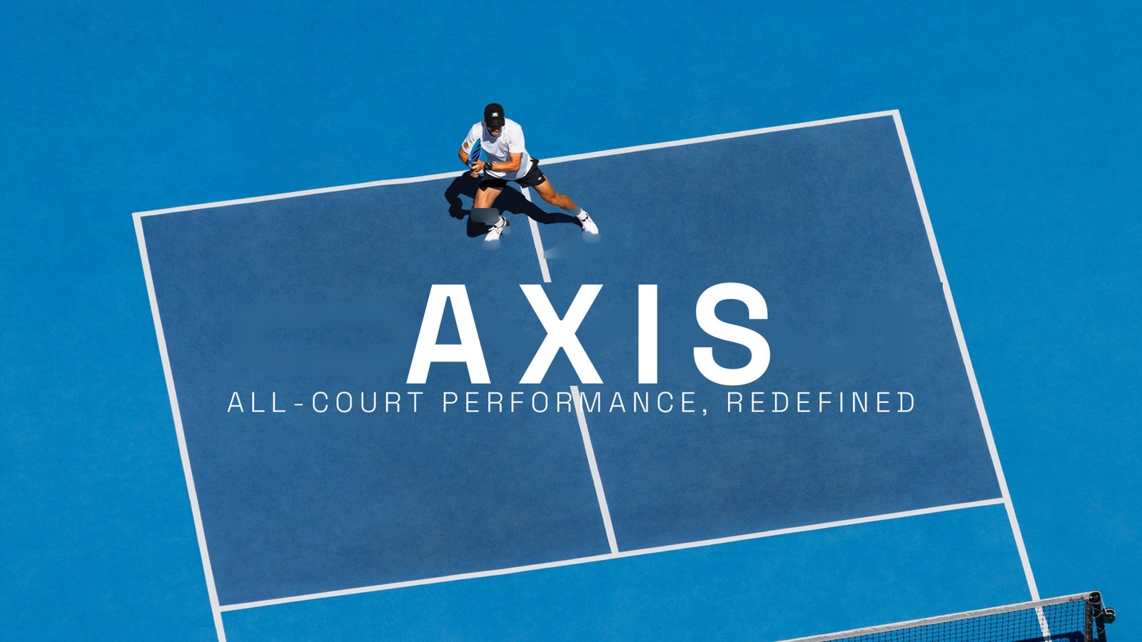 Overhead campaign banner for Apollo Sport featuring a pickleball player on a blue court with white text reading Axis All-Court Performance, Redefined.