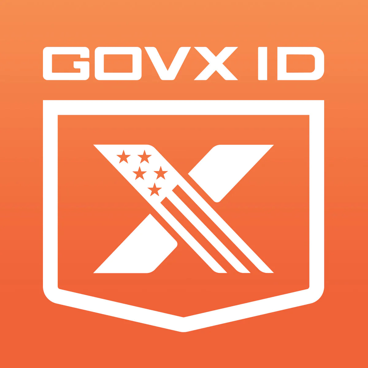 Orange background with Gov X ID written on top and the gov x id logo (an x with stars and stripes)