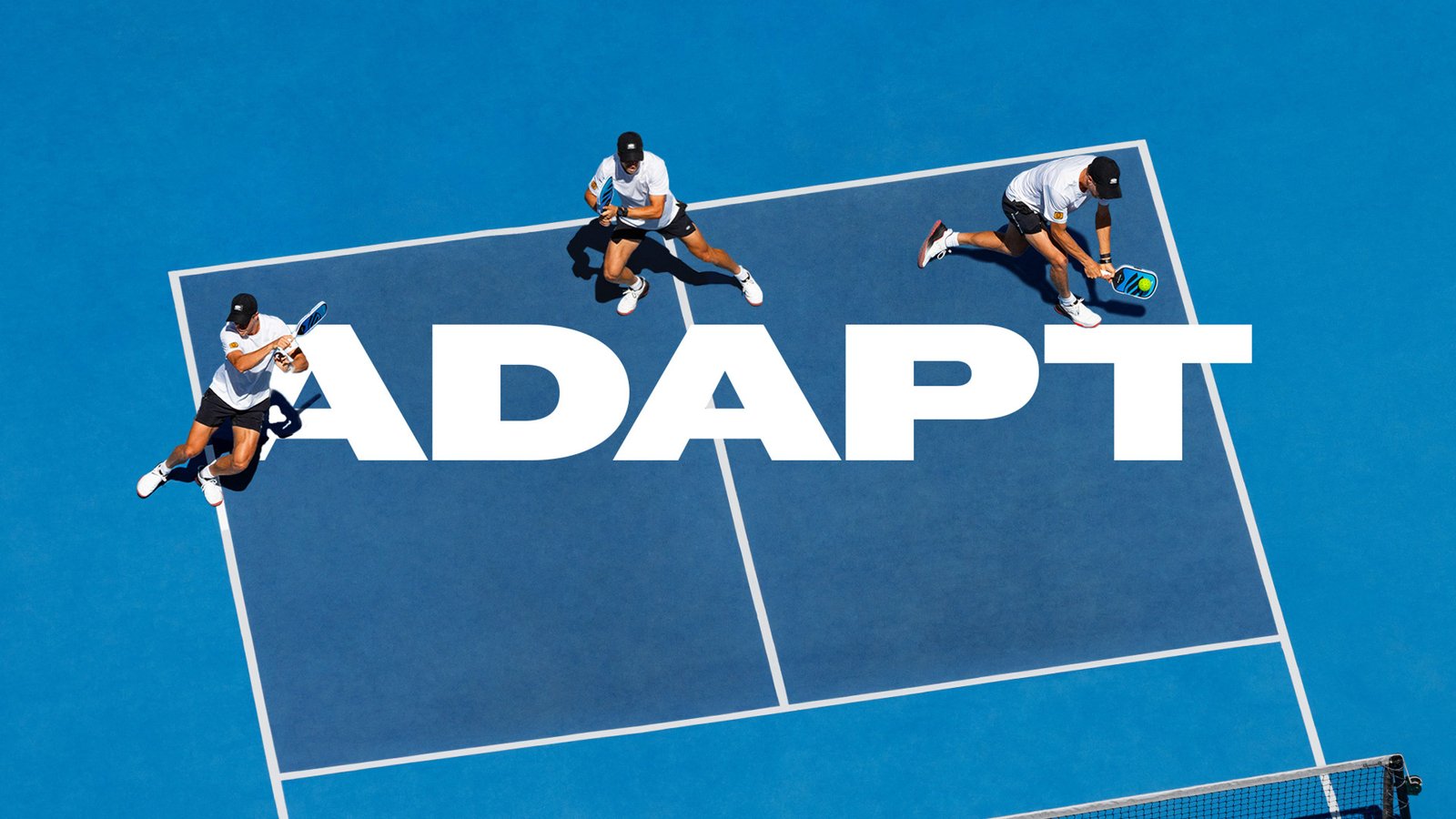 Apollo Axis campaign graphic displaying a three-frame action sequence of a pickleball player layered over large white text that reads ADAPT.