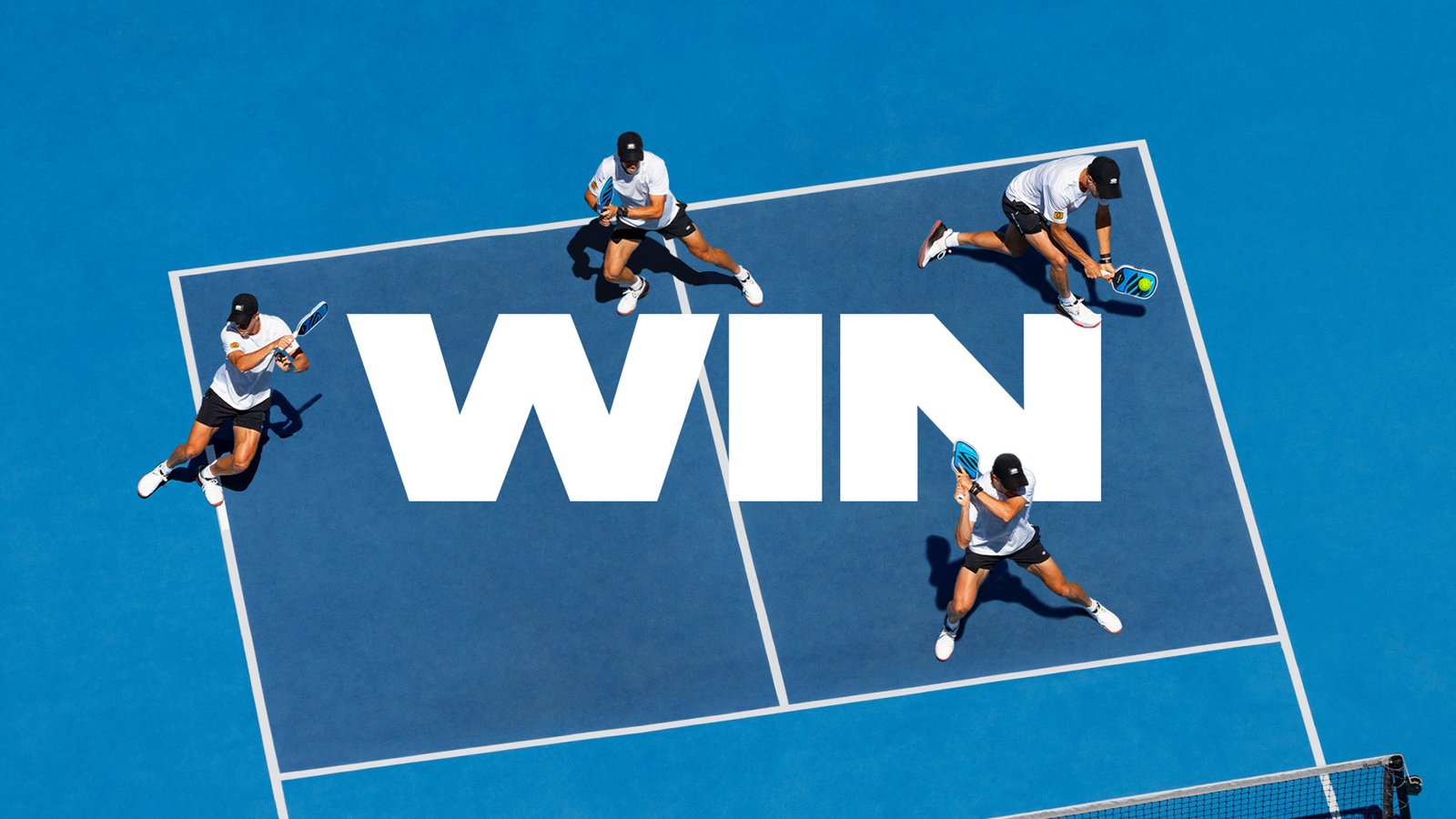 Apollo pickleball marketing banner showing four overhead action shots of a player scattered around large white typography reading WIN.